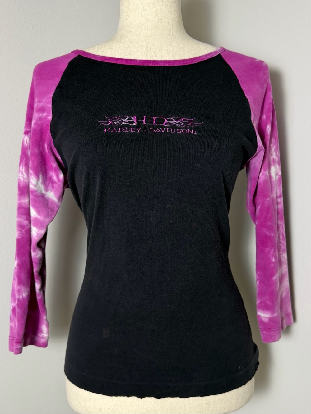 Harley Davidson Pink Tie-Dye Raglan Tee, Women’s M